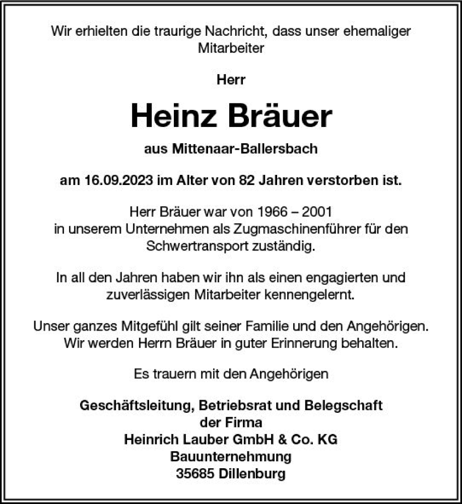  Traueranzeige für Heinz Bräuer vom 27.09.2023 aus Dill Block