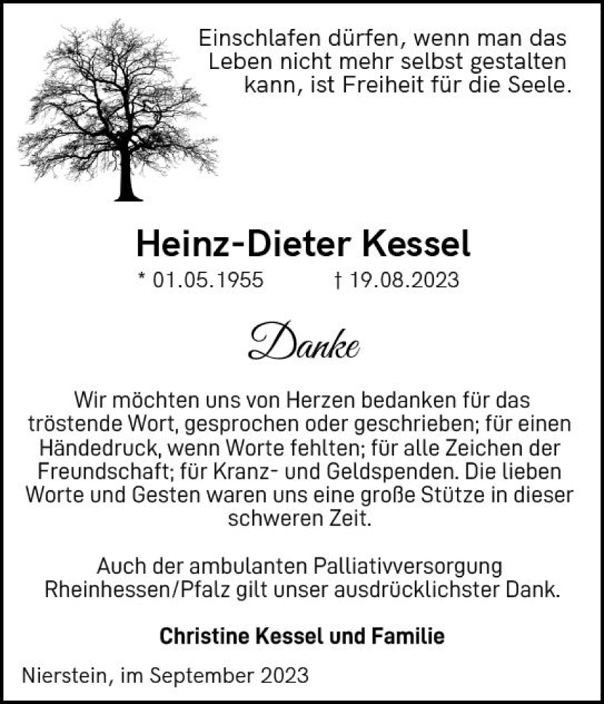  Traueranzeige für Heinz-Dieter Kessel vom 23.09.2023 aus Allgemeine Zeitung Mainz