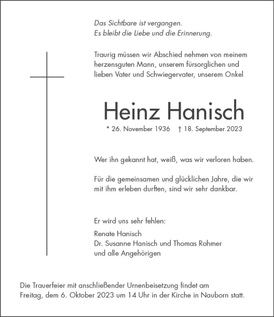 Traueranzeige von Heinz Hanisch von Wetzlarer Neue Zeitung
