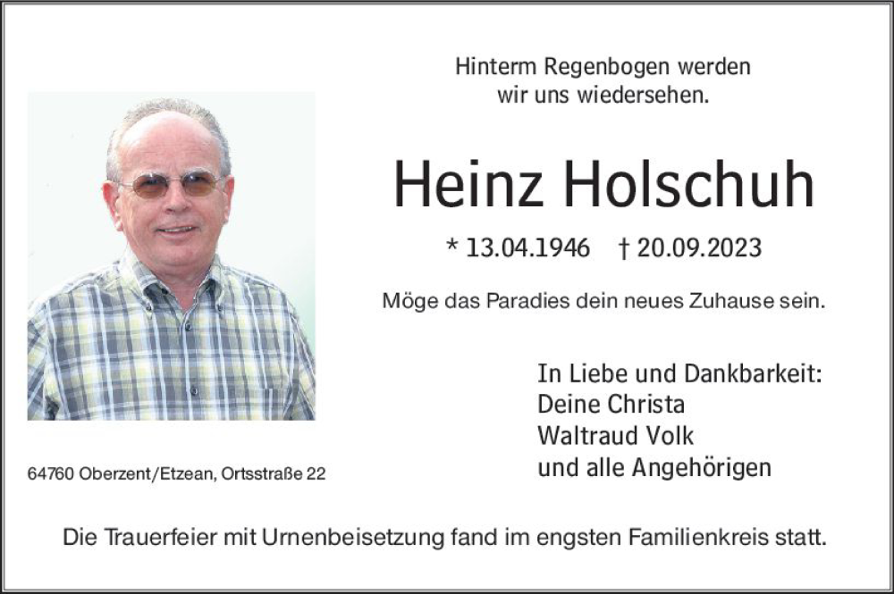  Traueranzeige für Heinz Holschuh vom 30.09.2023 aus Odenwälder Echo