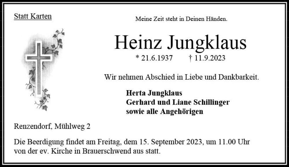  Traueranzeige für Heinz Jungklaus vom 13.09.2023 aus VRM Trauer