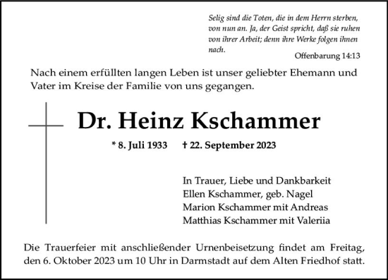 Traueranzeige von Heinz Kschammer von Darmstädter Echo