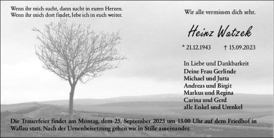 Traueranzeige von Heinz Watzek von Hinterländer Anzeiger