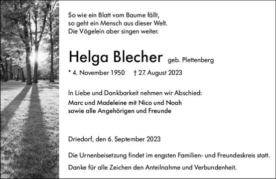 Traueranzeige von Helga Blecher von Dill Block