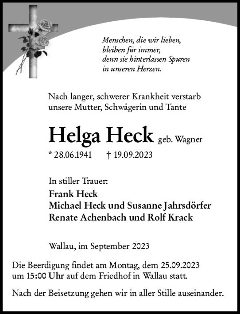  Traueranzeige für Helga Heck vom 22.09.2023 aus Hinterländer Anzeiger
