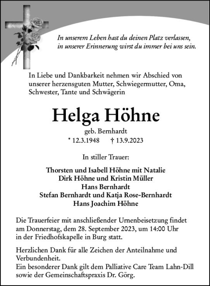  Traueranzeige für Helga Höhne vom 23.09.2023 aus Dill Block