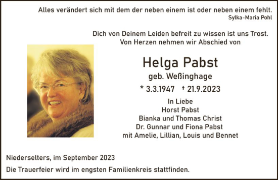 Traueranzeige von Helga Pabst von Camberger Anzeiger