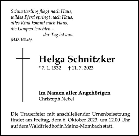 Traueranzeige von Helga Schnitzker von Allgemeine Zeitung Mainz