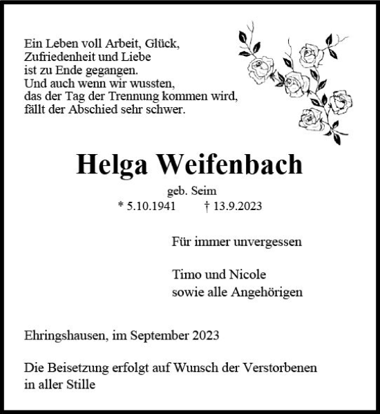 Traueranzeige von Helga Weifenbach von VRM Trauer