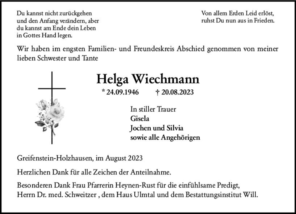  Traueranzeige für Helga Wiechmann vom 02.09.2023 aus Wetzlarer Neue Zeitung