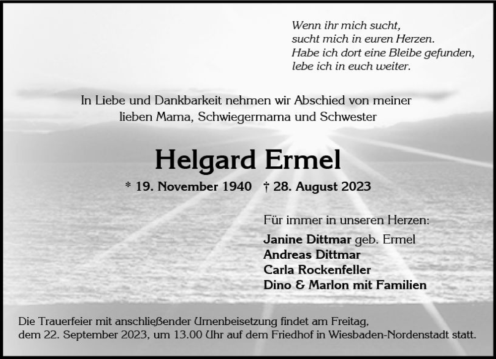  Traueranzeige für Helgard Ermel vom 02.09.2023 aus Wiesbadener Kurier