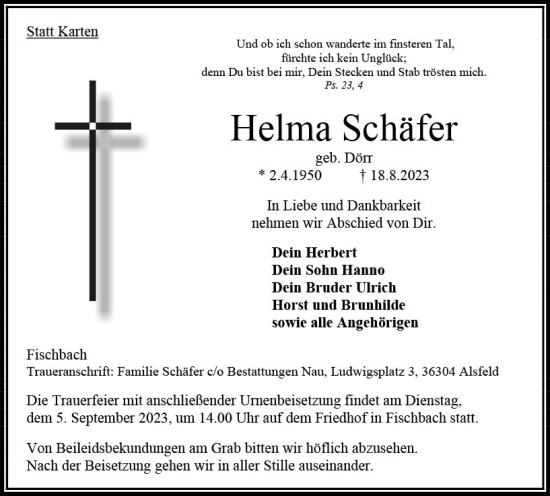 Traueranzeige von Helma Schäfer von Oberhessen Kurier