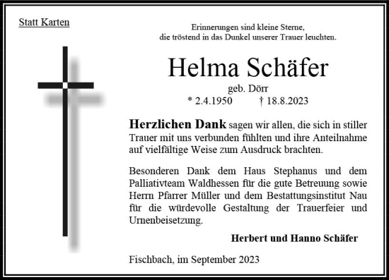 Traueranzeige von Helma Schäfer von Oberhessen Kurier