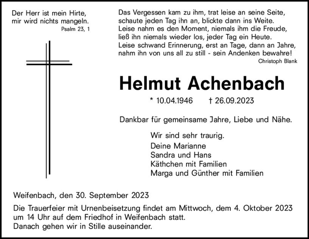  Traueranzeige für Helmut Achenbach vom 30.09.2023 aus Hinterländer Anzeiger
