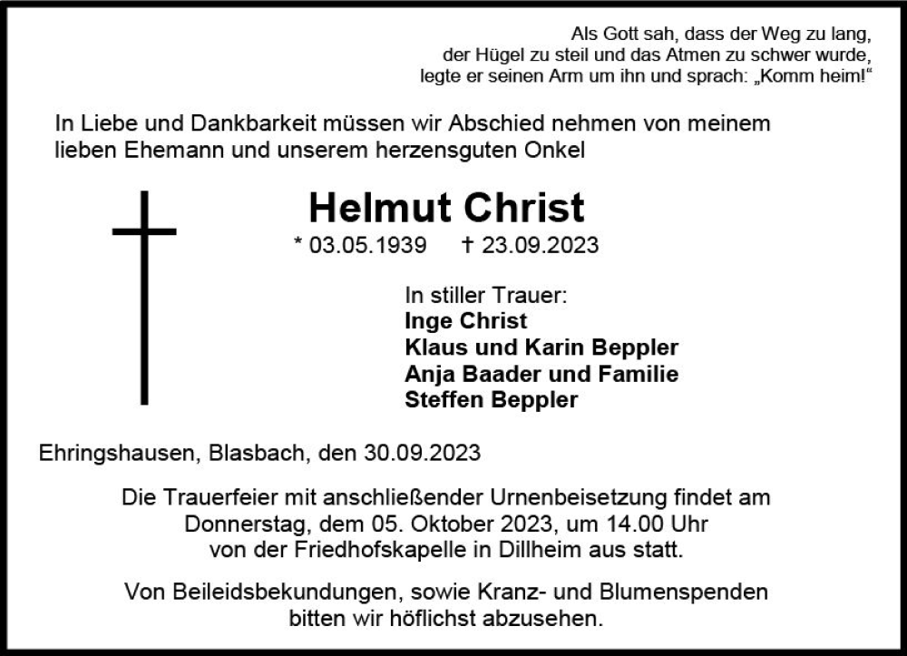  Traueranzeige für Helmut Christ vom 30.09.2023 aus Wetzlarer Neue Zeitung