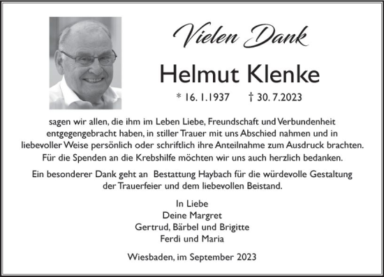 Traueranzeige von Helmut Klenke von Wiesbadener Kurier