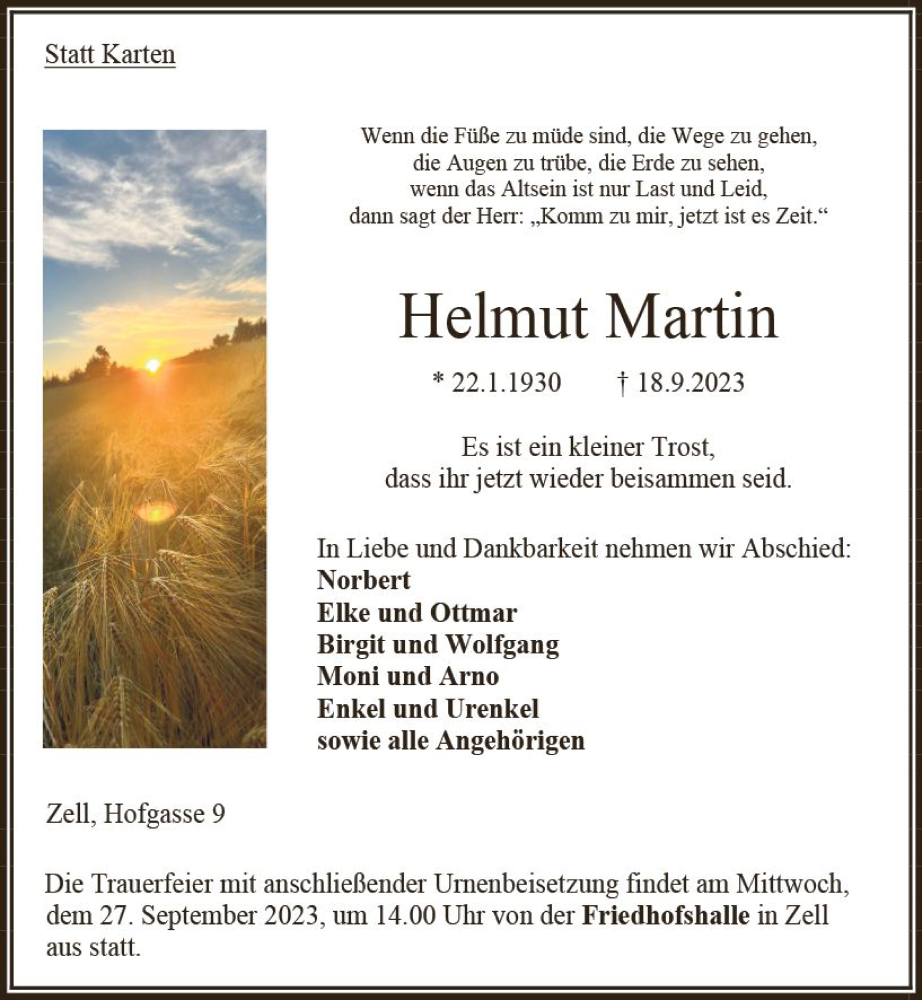  Traueranzeige für Helmut Martin vom 23.09.2023 aus VRM Trauer