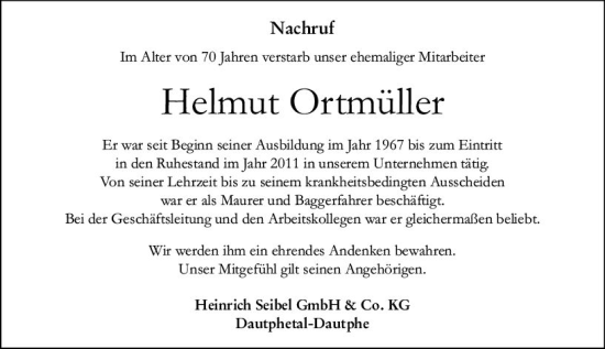 Traueranzeige von Helmut Ortmüller von Hinterländer Anzeiger