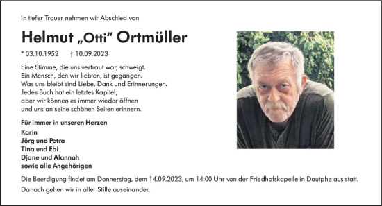 Traueranzeige von Helmut Ortmüller von Hinterländer Anzeiger