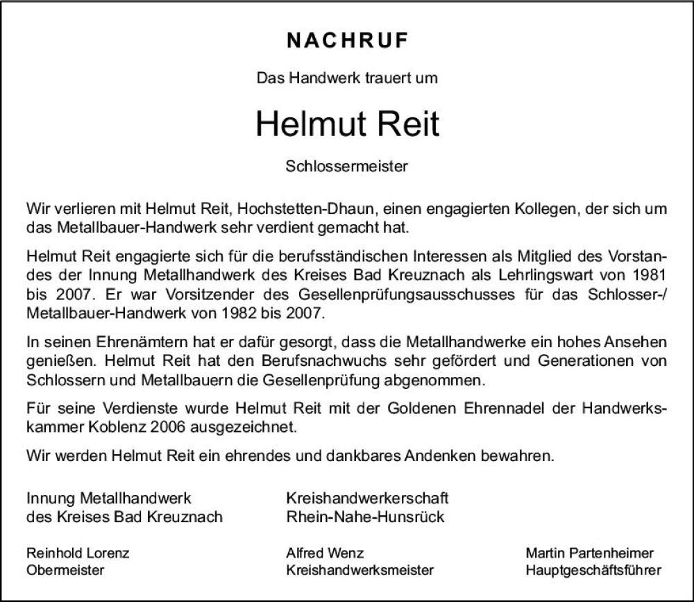  Traueranzeige für Helmut Reit vom 15.09.2023 aus Allgemeine Zeitung Bad Kreuznach