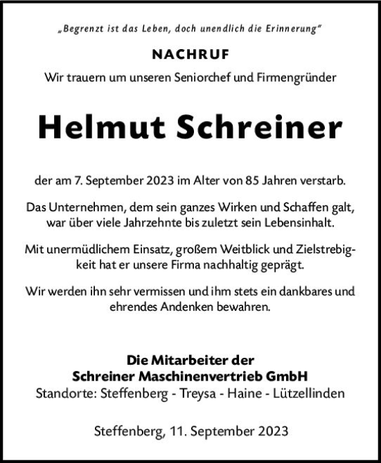 Traueranzeige von Helmut Schreiner von Hinterländer Anzeiger