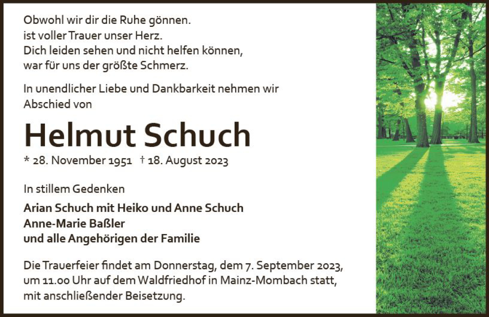  Traueranzeige für Helmut Schuch vom 02.09.2023 aus Allgemeine Zeitung Mainz