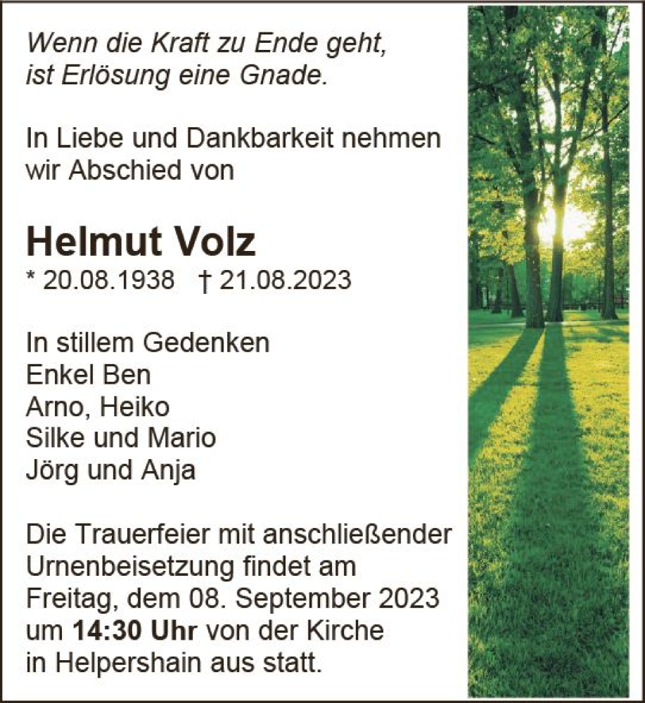  Traueranzeige für Helmut Volz vom 06.09.2023 aus VRM Trauer