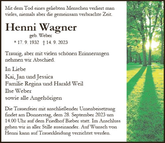 Traueranzeige von Henni Wagner von Wetzlarer Neue Zeitung