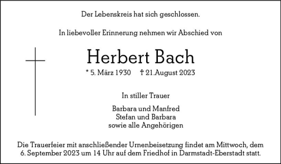 Traueranzeige von Herbert Bach von Darmstädter Echo