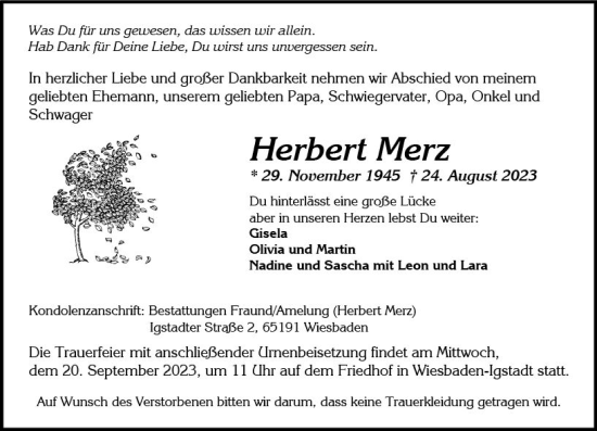 Traueranzeige von Herbert Merz von Wiesbadener Kurier