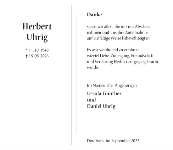 Traueranzeige von Herbert Uhrig von Camberger Anzeiger