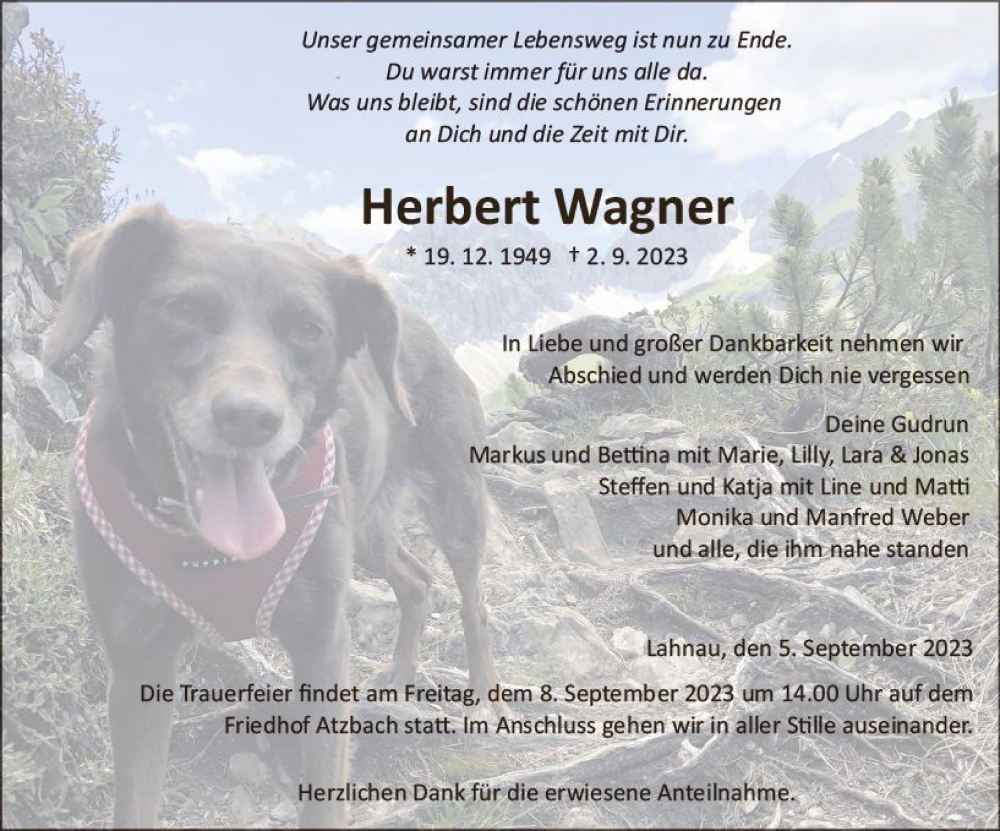  Traueranzeige für Herbert Wagner vom 05.09.2023 aus Wetzlarer Neue Zeitung