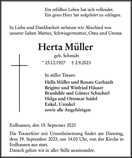 Traueranzeige von Herta Müller von Hinterländer Anzeiger