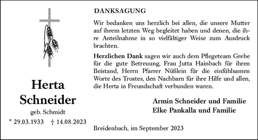  Traueranzeige für Herta Schneider vom 23.09.2023 aus Hinterländer Anzeiger