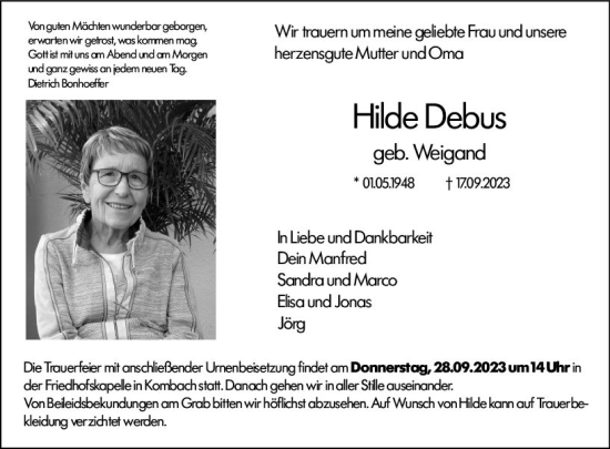 Traueranzeige von Hilde Debus von Hinterländer Anzeiger