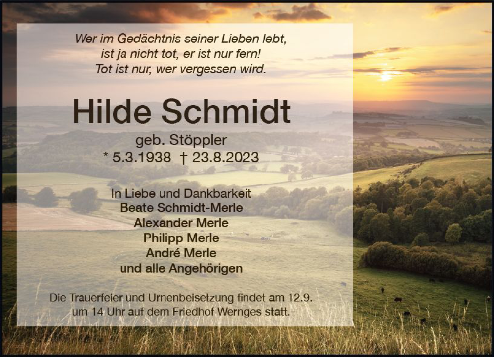  Traueranzeige für Hilde Schmidt vom 02.09.2023 aus VRM Trauer