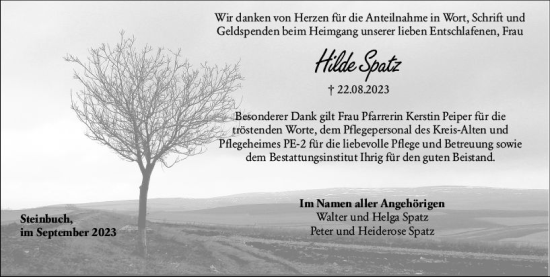 Traueranzeige von Hilde Spatz von Odenwälder Echo