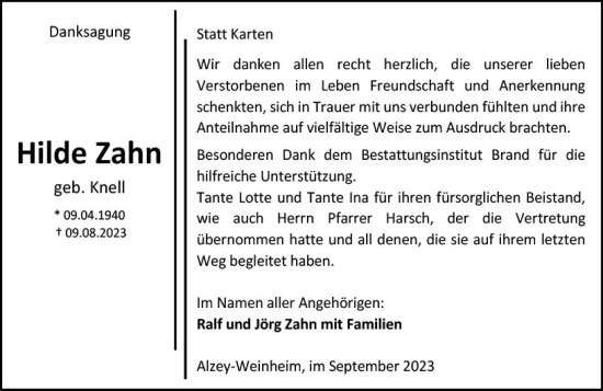 Traueranzeige von Hilde Zahn von Allgemeine Zeitung Alzey