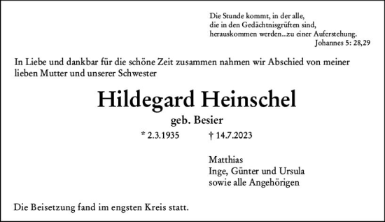 Traueranzeige von Hildegard Heinschel von Wiesbadener Kurier