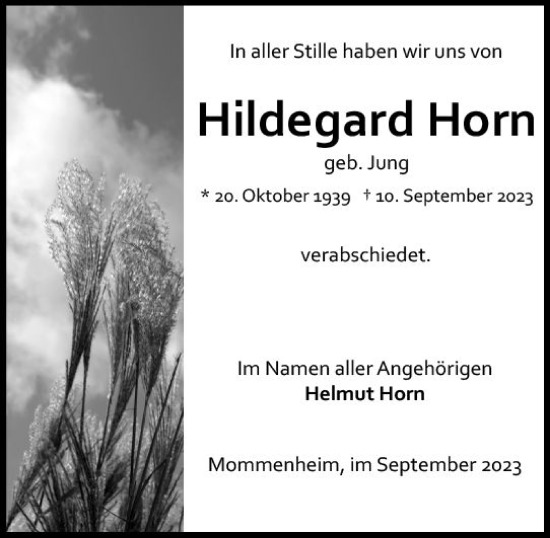 Traueranzeige von Hildegard Horn von Allgemeine Zeitung Alzey