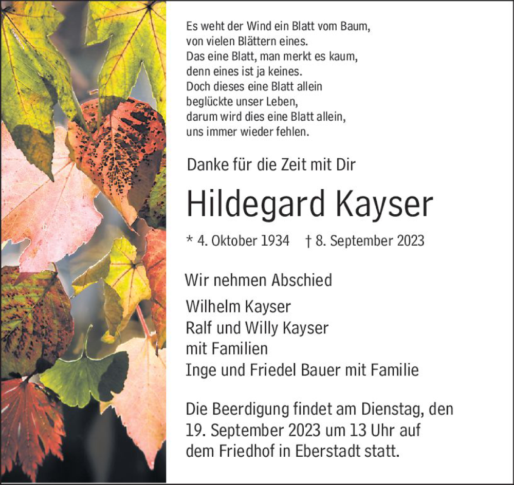  Traueranzeige für Hildegard Kayser vom 16.09.2023 aus Darmstädter Echo