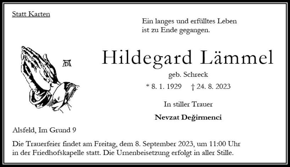  Traueranzeige für Hildegard Lämmel vom 02.09.2023 aus Oberhessen Kurier