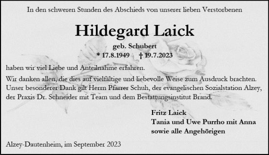Traueranzeige von Hildegard Laick von Allgemeine Zeitung Alzey