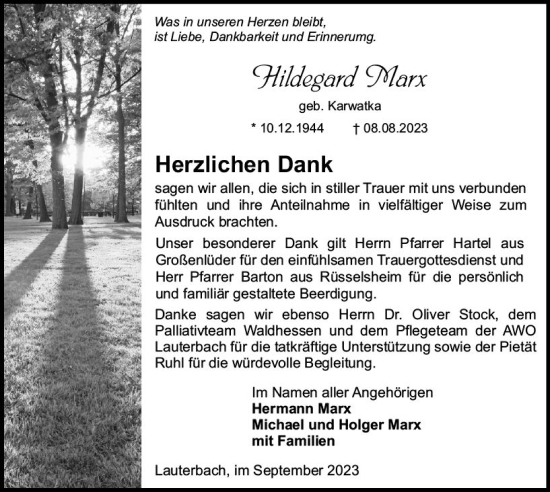 Traueranzeige von Hildegard Marx von VRM Trauer