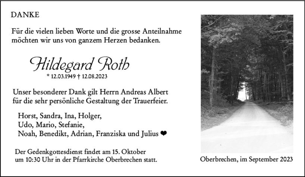  Traueranzeige für Hildegard Roth vom 28.09.2023 aus Camberger Anzeiger