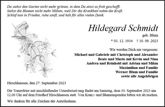 Traueranzeige von Hildegard Schmidt von Weilburger Tageblatt