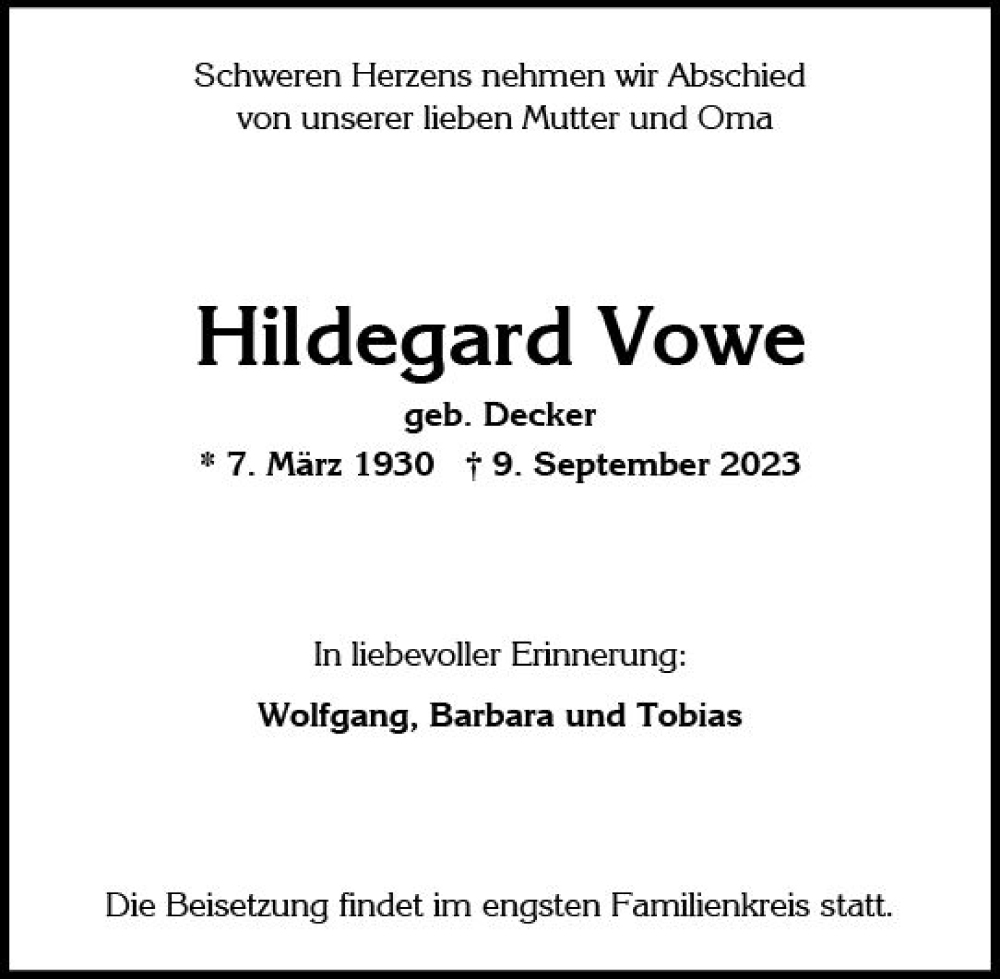  Traueranzeige für Hildegard Vowe vom 16.09.2023 aus Wiesbadener Kurier