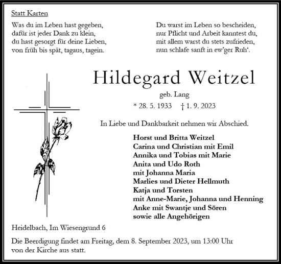 Traueranzeige von Hildegard Weitzel von VRM Trauer