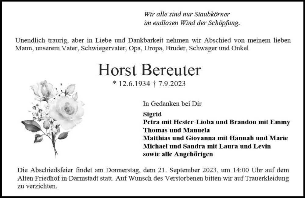  Traueranzeige für Horst Bereuter vom 16.09.2023 aus Darmstädter Echo