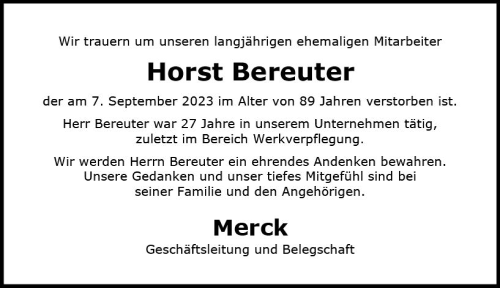  Traueranzeige für Horst Bereuter vom 23.09.2023 aus Darmstädter Echo